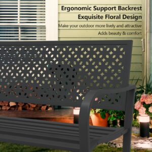 Wanmwill Outdoor Benche, All-Weather Garden Bench, Cast Iron Metal Frame Patio Bench with Floral Pattern Backrest and Armrests for Porch, Lawn, Garden, Yard, Fit 2-3 People Comfortably（Star Black）