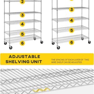 6-Tier Storage Shelves Wire Shelving with Wheels Heavy Duty Metal Shelves Tall Steel Shelving Units Adjustable 6000lbs Capacity Rolling Shelf Racks for Restaurant Garage Pantry Kitchen, Chrome