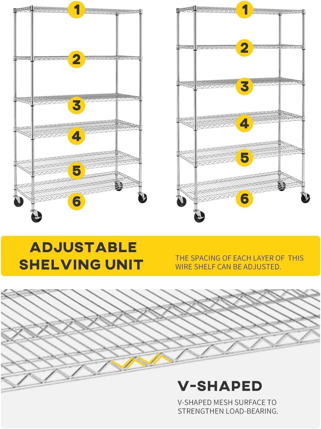 6-Tier Storage Shelves Wire Shelving with Wheels Heavy Duty Metal Shelves Tall Steel Shelving Units Adjustable 6000lbs Capacity Rolling Shelf Racks for Restaurant Garage Pantry Kitchen, Chrome