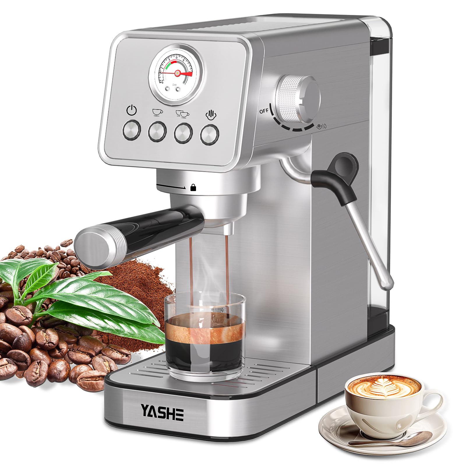 YASHE Espresso Machines, Upgraded 1350W Espresso Maker with Milk Frother Steam Wand and 37.2oz Removable Water Tank, 20 Bar Semi-Automatic Steam Espresso Coffee Maker, Cappuccino Machine for Home