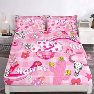 LUVIVIHOME 4PCS Disco Cowgirl Sheets Set, Queen Bed Sheet, Hot Pink Sheets, Preppy Bedding, Cowboy Boots Cow Skull Flower Cactus Aesthetic Girls Bedding, 1 Fitted Sheet & 1 Flat Sheet & 2 Pillowcases