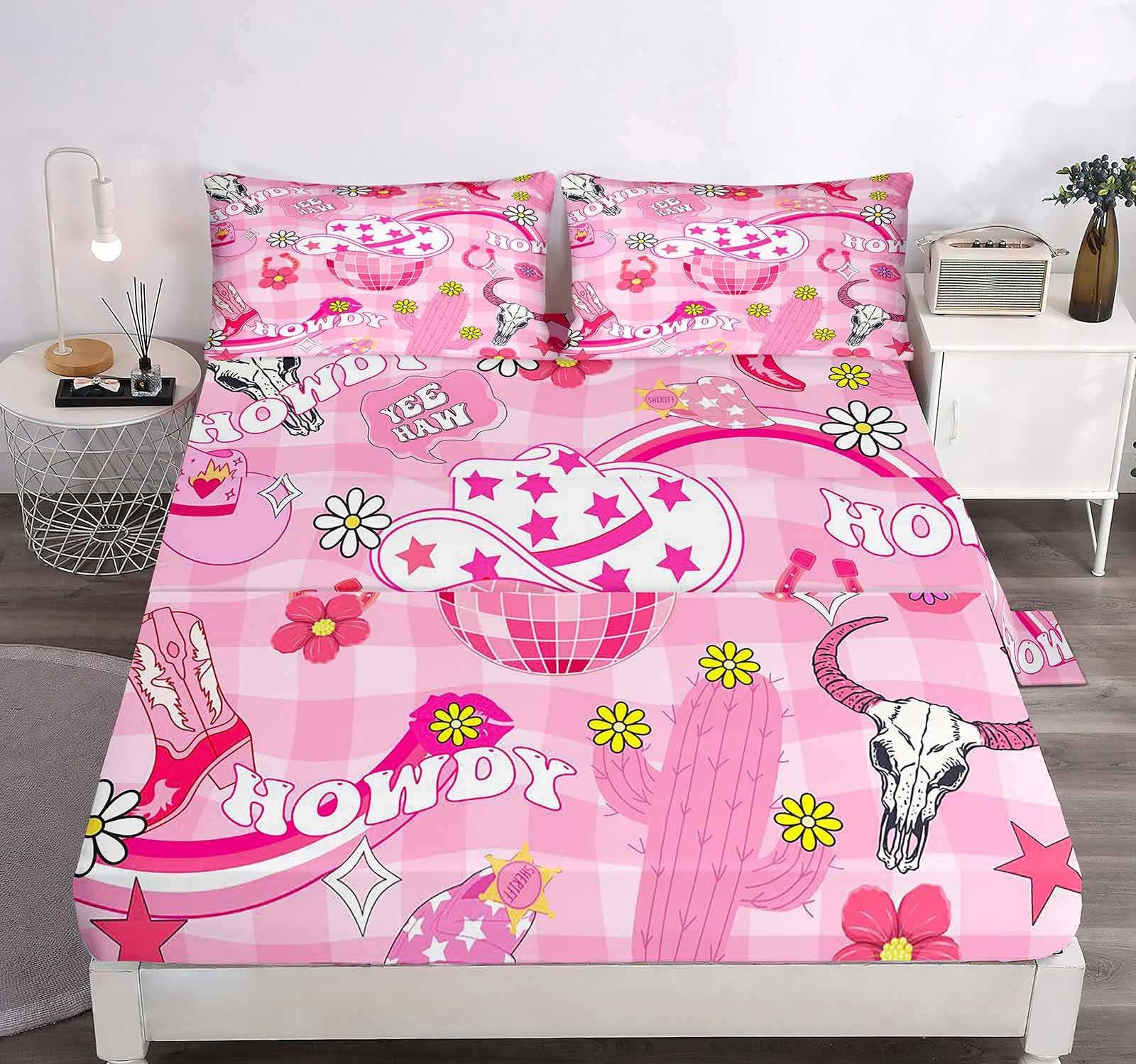 LUVIVIHOME 4PCS Disco Cowgirl Sheets Set, Queen Bed Sheet, Hot Pink Sheets, Preppy Bedding, Cowboy Boots Cow Skull Flower Cactus Aesthetic Girls Bedding, 1 Fitted Sheet & 1 Flat Sheet & 2 Pillowcases