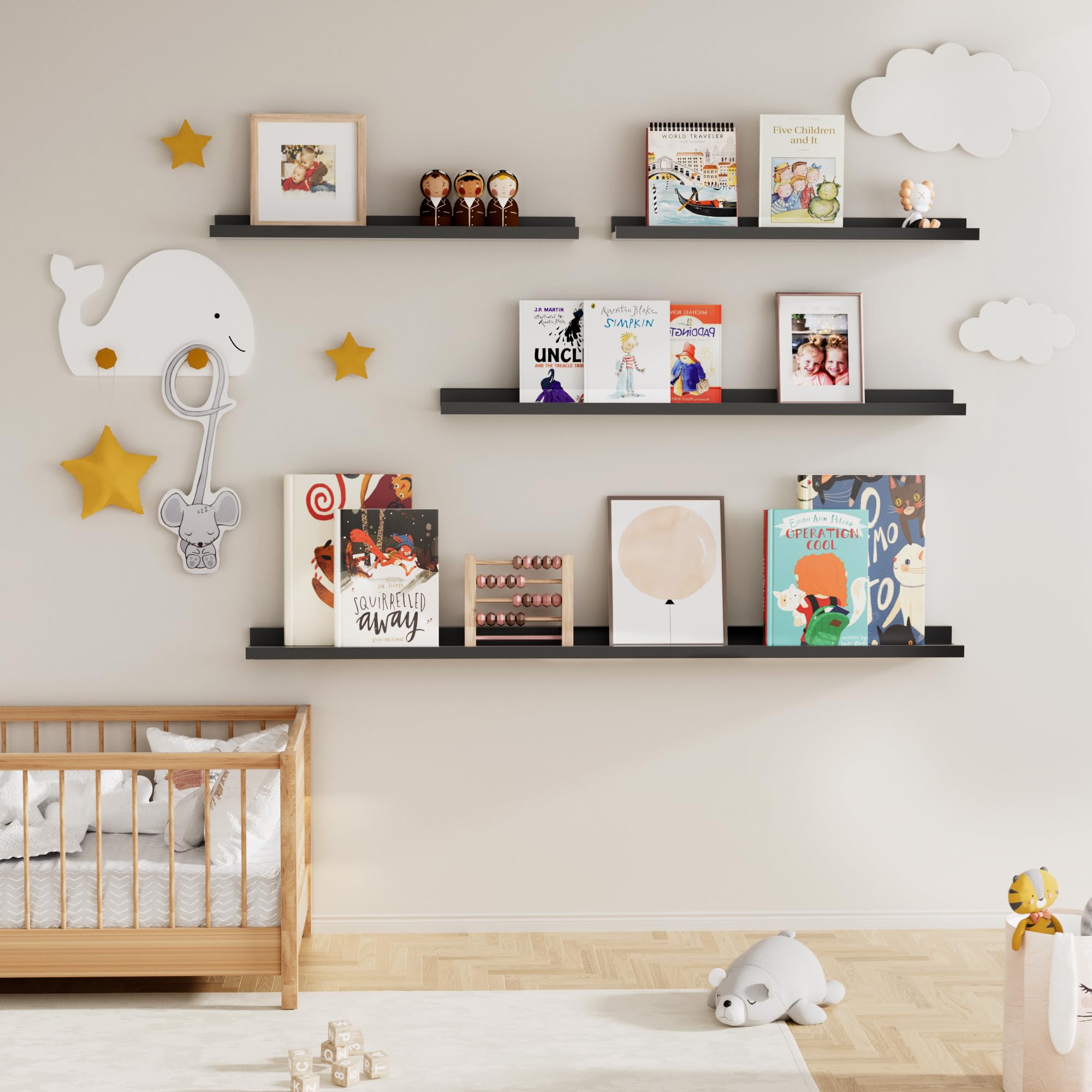 Fun Memories Picture Ledge Shelf, 36 Inch Floating Shelves Set of 2, Nursery Book Shelves for Toys Storage, Kids Bookshelf Wall Mounted for Wall Decor Books Photo Frames, Black