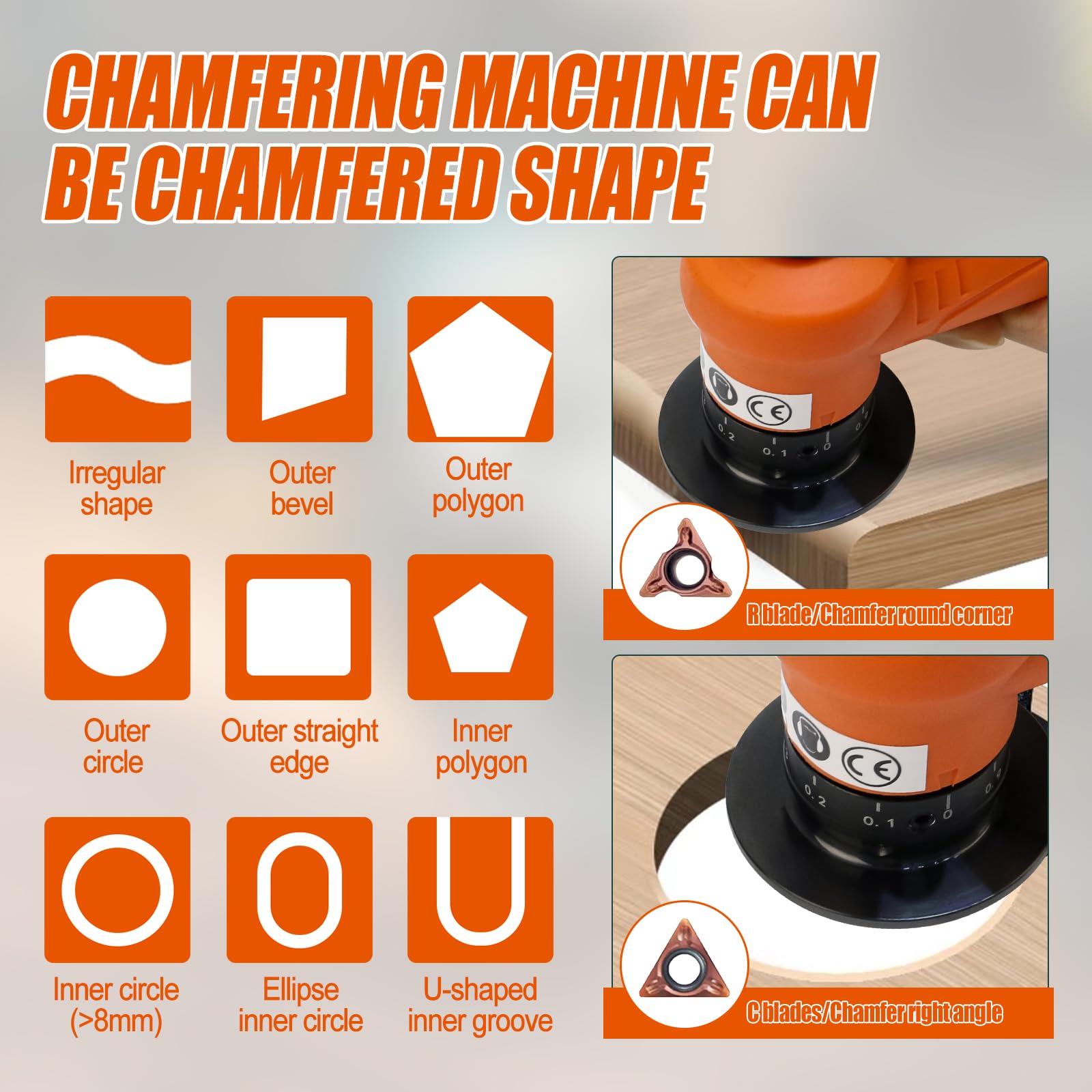 2 in 1 Mini Pneumatic Chamfering Machine, 45° Arc Corner Beveling Trimming Deburring Machine 30000RPM Handheld Chamfering Air Chamfer Tool with 1/4 Inch Air Inlet (C&R Angle Blades,Orange)