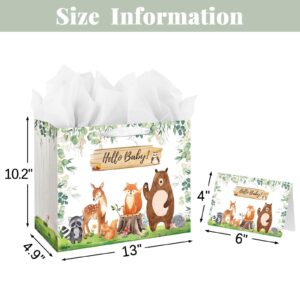 13" Large Baby Boy Girl Gift Bag for Baby Shower or Birthday with Handle, Tissue Paper and Greeting Card (Woodland Animals Sage Green Design)