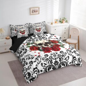 Erosebridal Skull Red Roses 7 Piece Bedding Set King Black Damask Floral Gothic Bed in A Bag Halloween Skull Skeleton Comforter Set with Sheets for Kids Boys Adults,Goth Hippie Skull Bed Set White