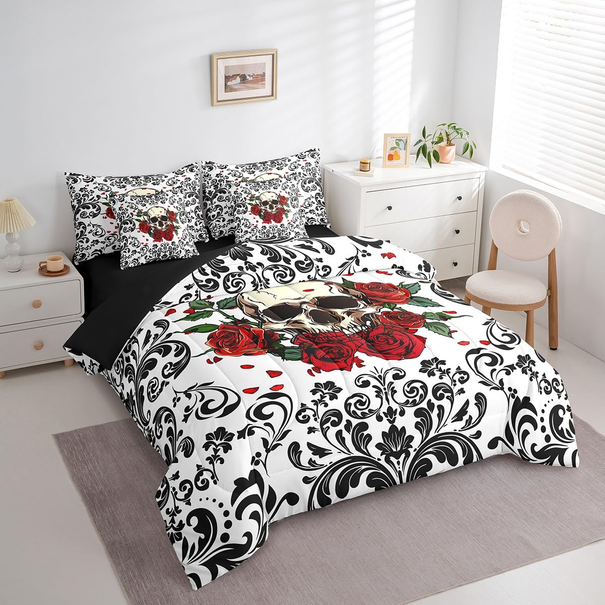 Erosebridal Skull Red Roses 7 Piece Bedding Set King Black Damask Floral Gothic Bed in A Bag Halloween Skull Skeleton Comforter Set with Sheets for Kids Boys Adults,Goth Hippie Skull Bed Set White