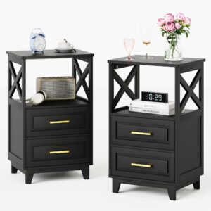 may in color nightstand set of 2, side table with 2 drawers and open shelf, bedside table with solid feet, modern night stand end table for bedroom, living room, home office, black