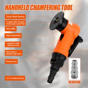 2 in 1 Mini Pneumatic Chamfering Machine, 45° Arc Corner Beveling Trimming Deburring Machine 30000RPM Handheld Chamfering Air Chamfer Tool with 1/4 Inch Air Inlet (C&R Angle Blades,Orange)