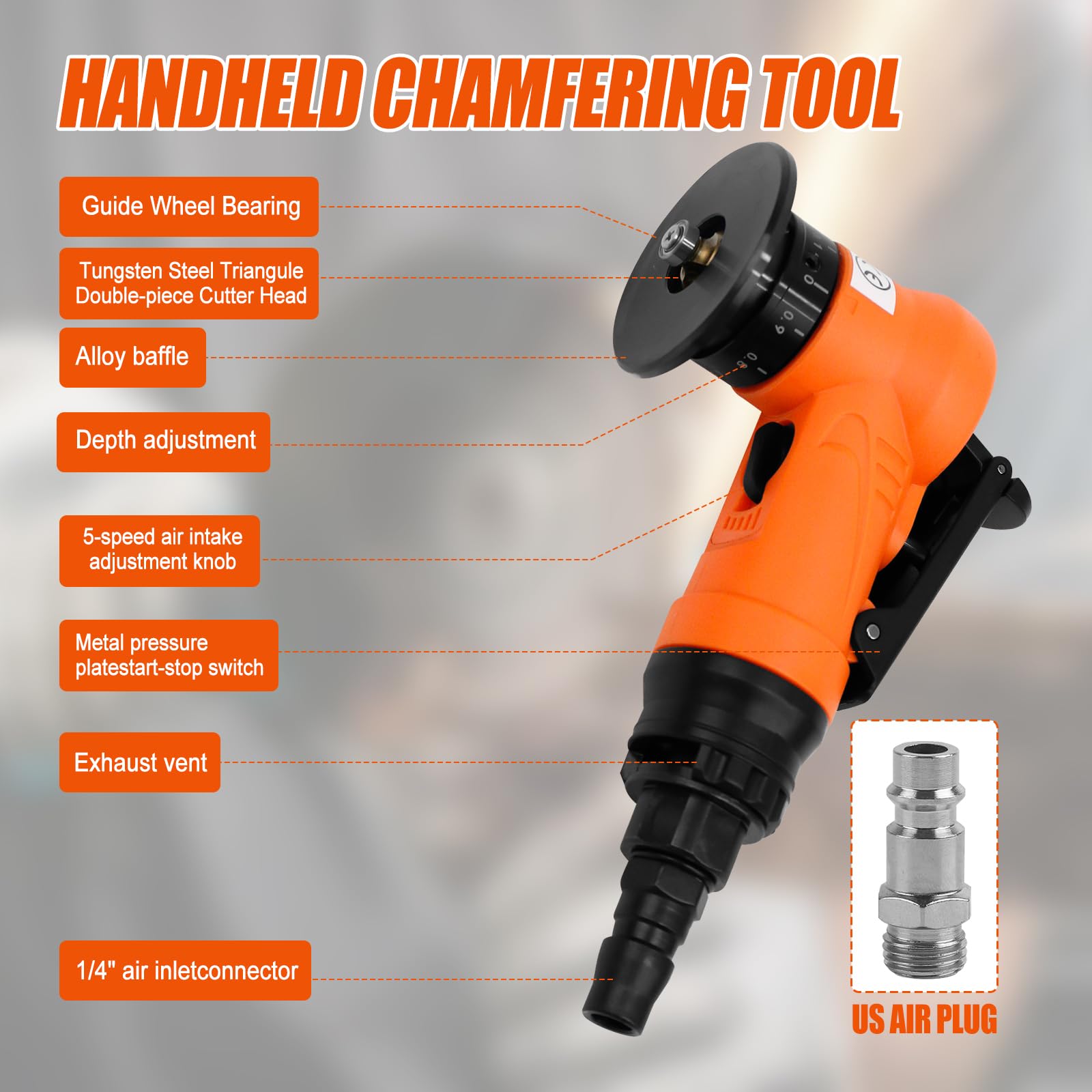 2 in 1 Mini Pneumatic Chamfering Machine, 45° Arc Corner Beveling Trimming Deburring Machine 30000RPM Handheld Chamfering Air Chamfer Tool with 1/4 Inch Air Inlet (C&R Angle Blades,Orange)