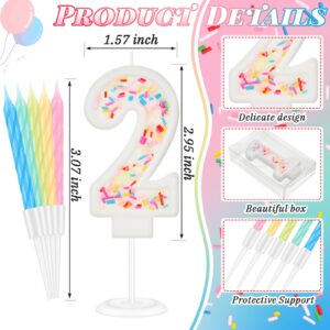 MTLEE Number 2 Happy Birthday Candle 3D Number Candle with Sprinkles Cute Number Candles Cake Topper with 10 Long Thin Rainbow Spiral Candles for Girls Women Anniversary Wedding Party Decor