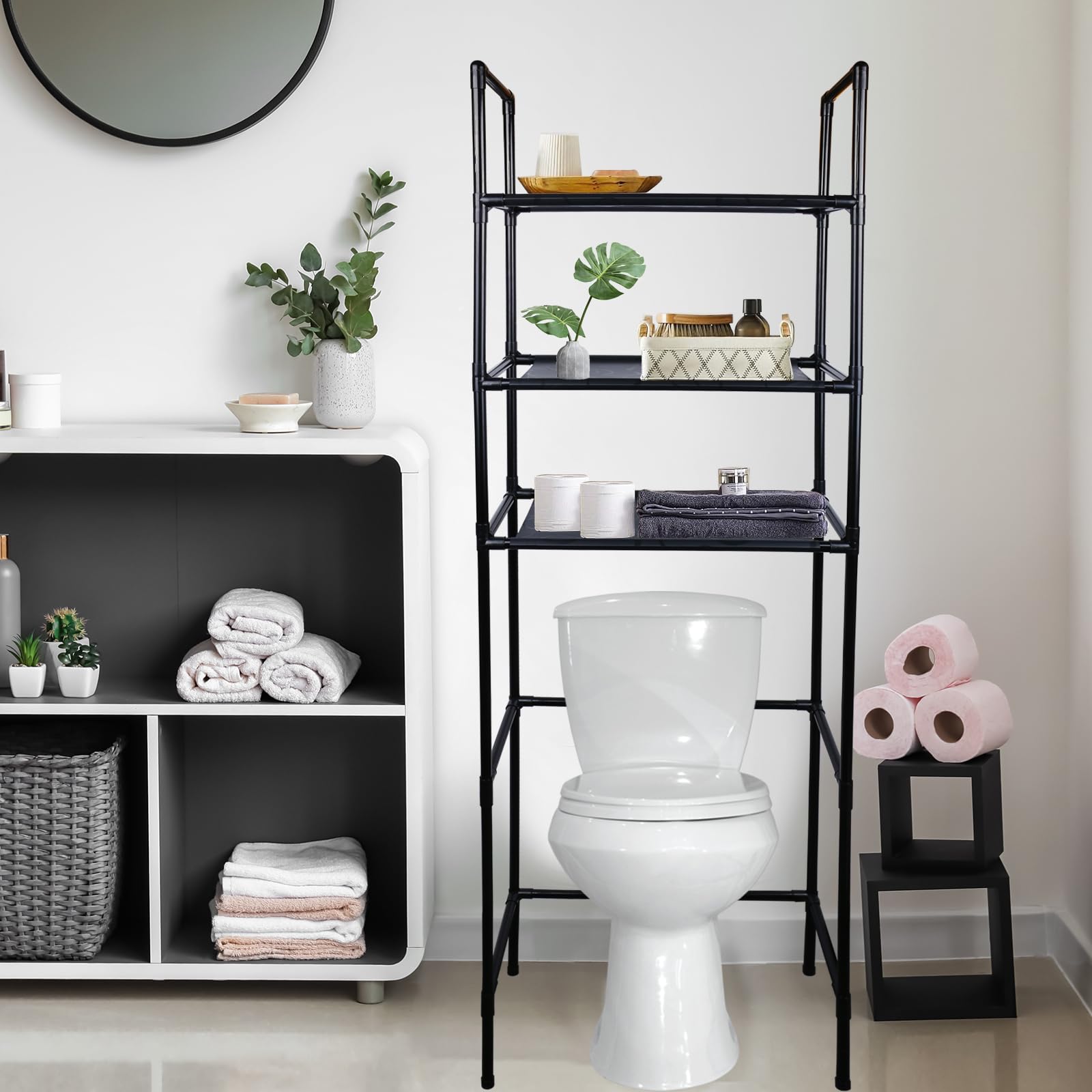 NICECHEF Over The Toilet Storage, 3 Tier Bathroom Organizer Shelf, Freestanding Space Saver with Toilet Paper Holder, Multifunctional Over The Toilet Rack