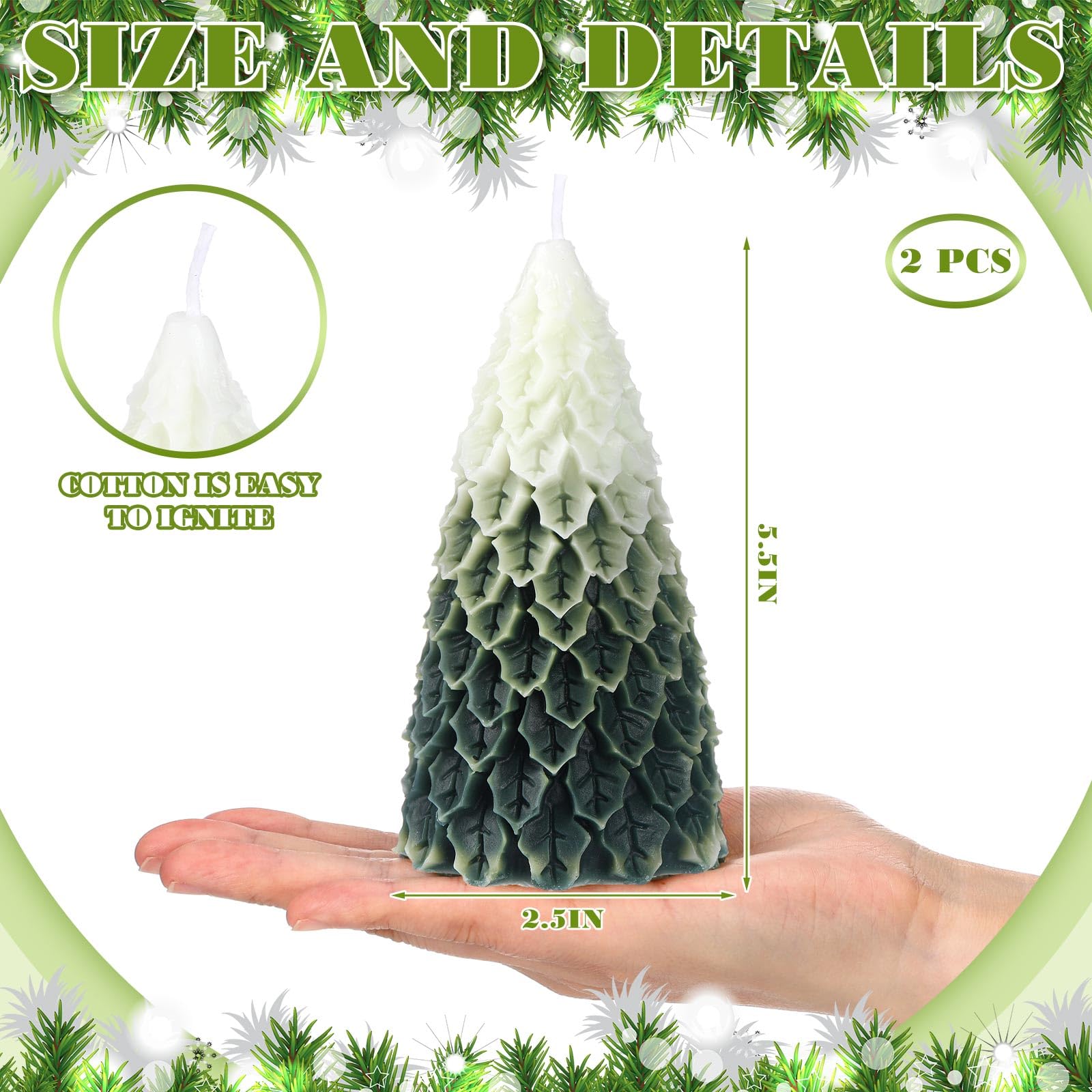 MTLEE 2 Pcs Christmas Tree Shaped Candles Large Christmas Candles Decor White Green Xmas Wax Scented Candles 2.5x5.5in Snow Tree Shaped Candle for Christmas Holiday Table Decoration