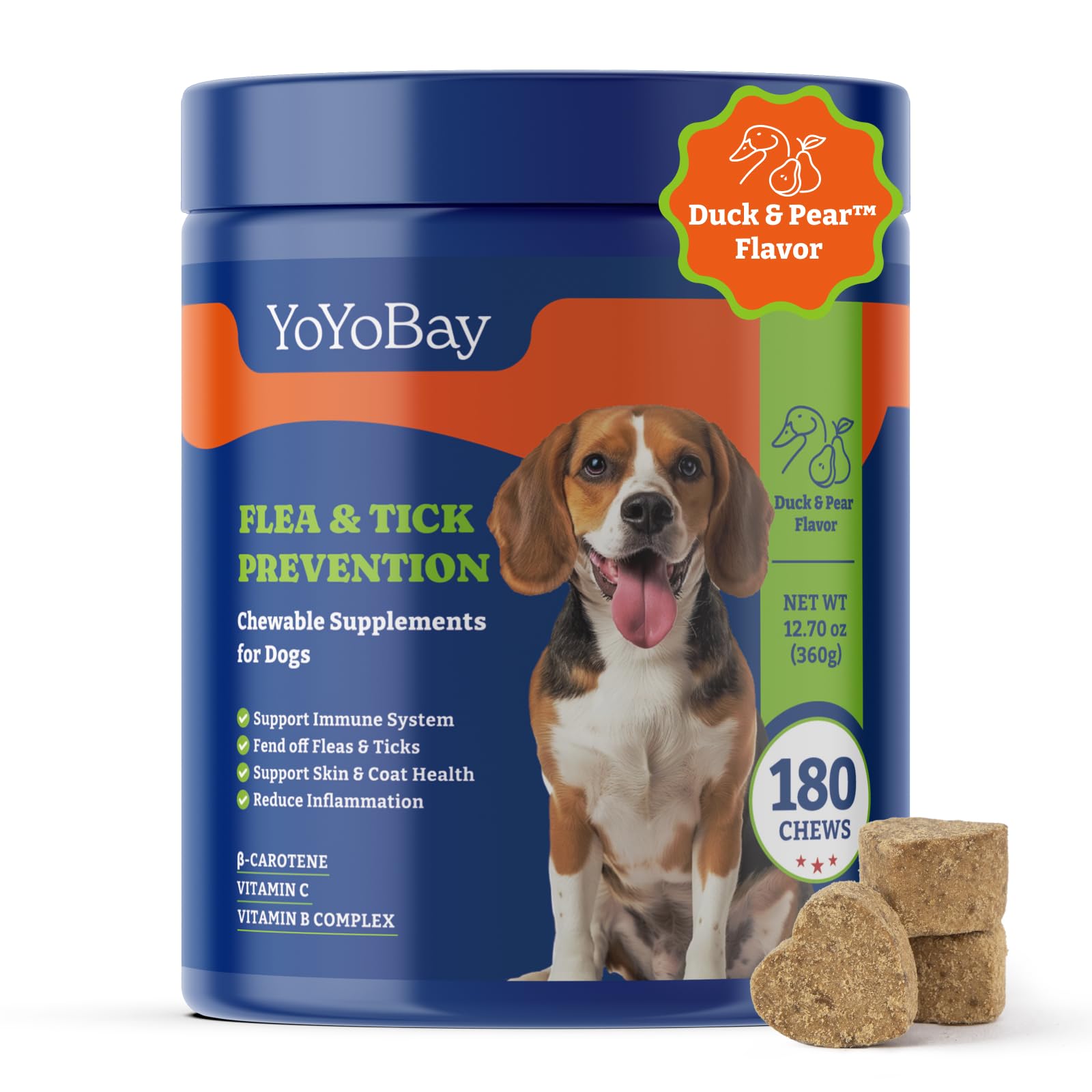 YoYoBay Flea and Tick Prevention for Dogs Chewable - 180 Soft Chews, Duck & Pear Flavor - Dog Flea and Tick Treatment Chewable, Natural Defense- Dog Immune Support Supplement