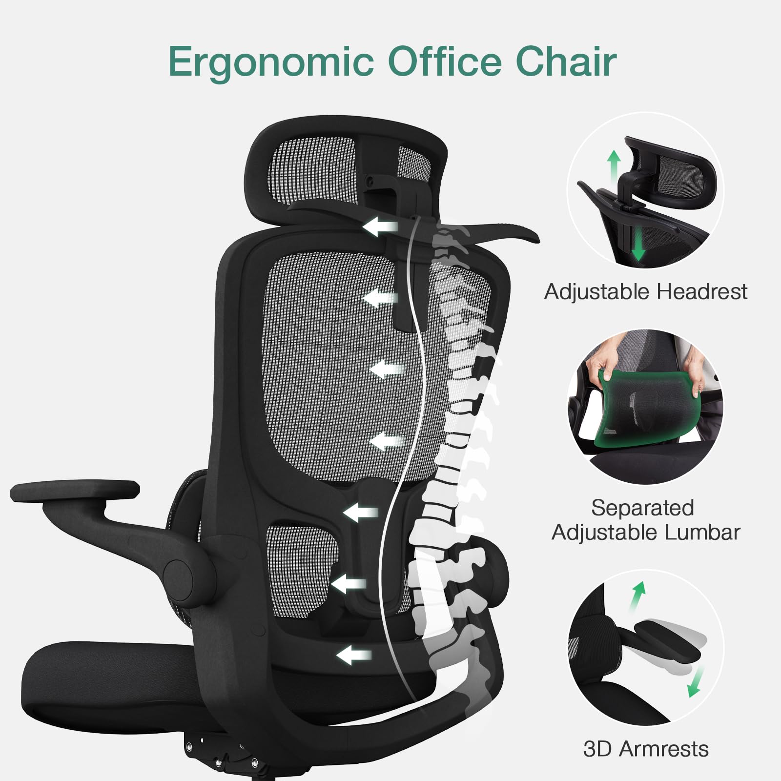 Novilla Ergonomic Office Chair, High Back Mesh Desk Chair with Thick Molded Foam Cushion, Adjustable Lumbar Support, Swivel Computer Gaming Chairs with Adjustable 2D Headrest and 3D Armrests, Black