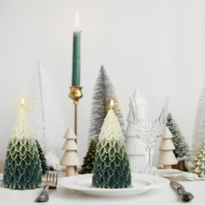 MTLEE 2 Pcs Christmas Tree Shaped Candles Large Christmas Candles Decor White Green Xmas Wax Scented Candles 2.5x5.5in Snow Tree Shaped Candle for Christmas Holiday Table Decoration