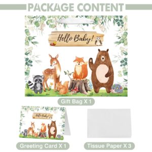 13" Large Baby Boy Girl Gift Bag for Baby Shower or Birthday with Handle, Tissue Paper and Greeting Card (Woodland Animals Sage Green Design)