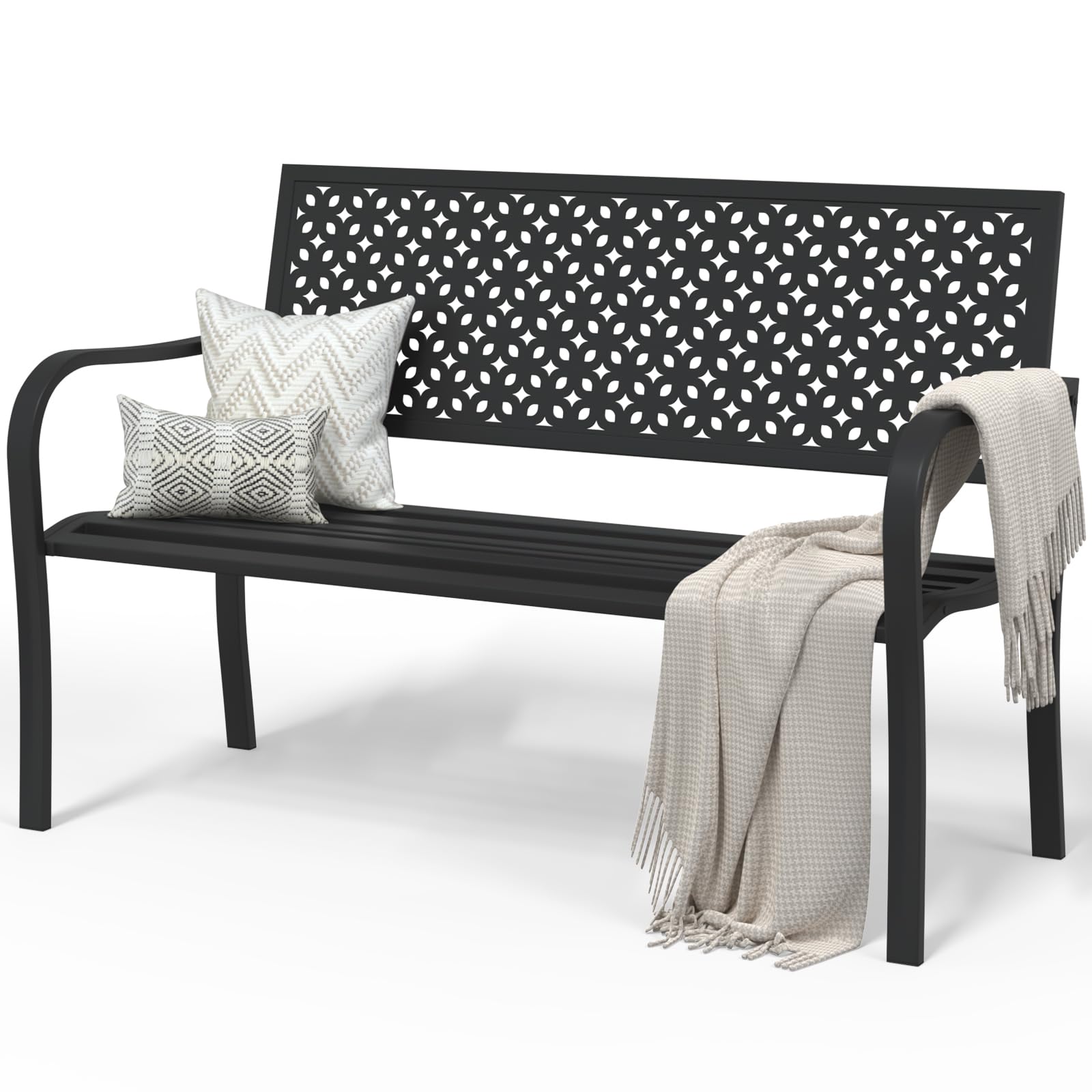 Wanmwill Outdoor Benche, All-Weather Garden Bench, Cast Iron Metal Frame Patio Bench with Floral Pattern Backrest and Armrests for Porch, Lawn, Garden, Yard, Fit 2-3 People Comfortably（Star Black）