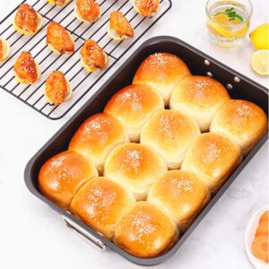 Nonstick Small Roaster Pan with Flat Rack Chicken Turkey Roaster Tray Oven Baking Cake Bread Pans Cooking Lasagna with Stainless Steel Handles,11-Inch x 15-Inch