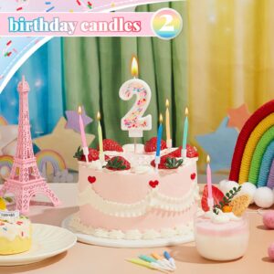 MTLEE Number 2 Happy Birthday Candle 3D Number Candle with Sprinkles Cute Number Candles Cake Topper with 10 Long Thin Rainbow Spiral Candles for Girls Women Anniversary Wedding Party Decor