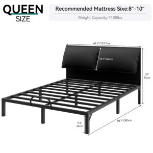 YITAHOME Queen Size Metal Bed Frame with Pu Leather Upholstered Headboard,Platform Bed Frame with Steel Slats Support,Non-Slip Device,No Box Spring Needed,Extra Under-Bed Space,Easy Assembly,Black