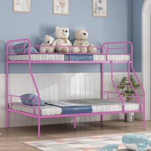 bunk bed twin over full, bunk beds twin over full with metal guardrail and ladder, space-saving, heavy duty queen bunk bed for boys, girls, teens, adult,no box spring needed (pink)