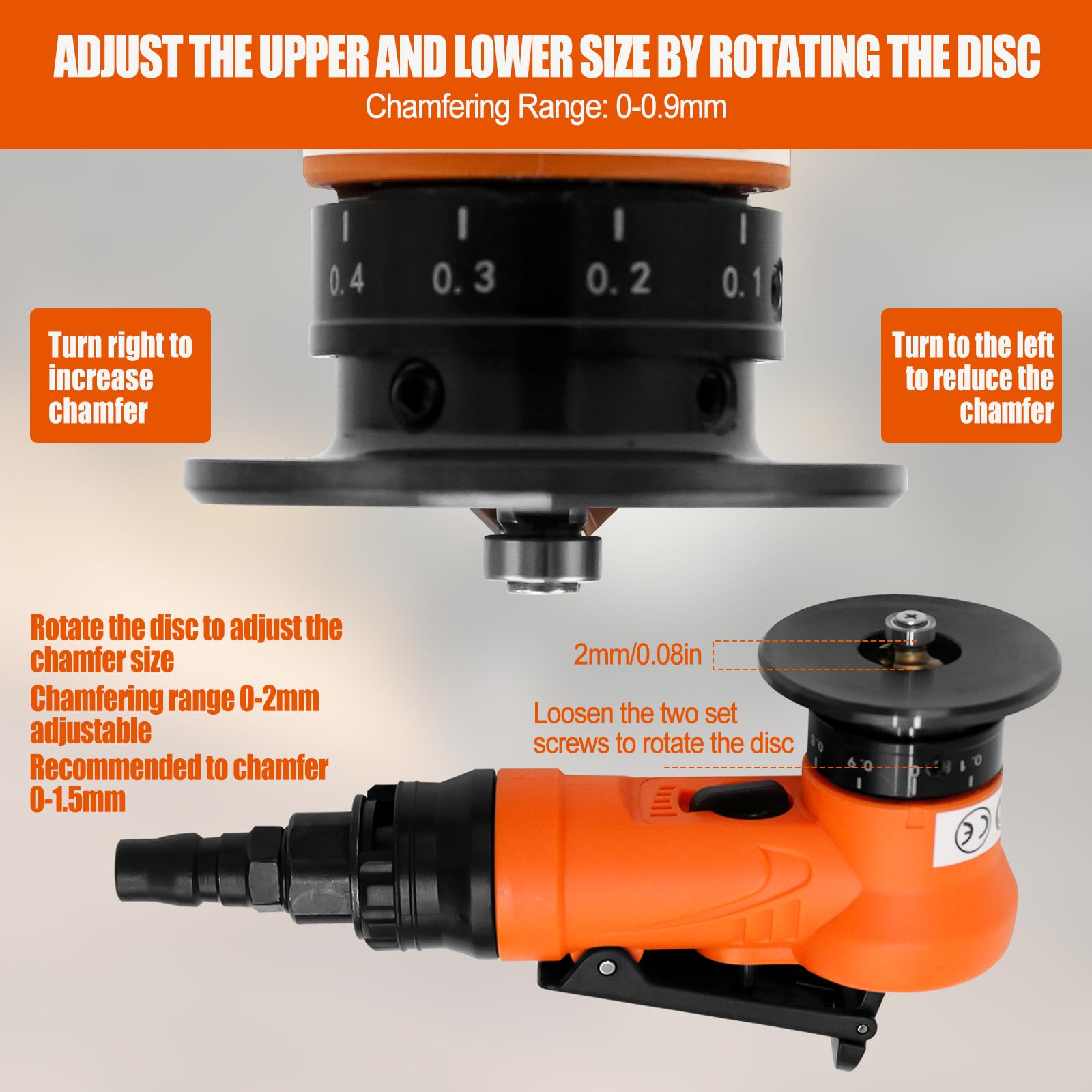 2 in 1 Mini Pneumatic Chamfering Machine, 45° Arc Corner Beveling Trimming Deburring Machine 30000RPM Handheld Chamfering Air Chamfer Tool with 1/4 Inch Air Inlet (C&R Angle Blades,Orange)