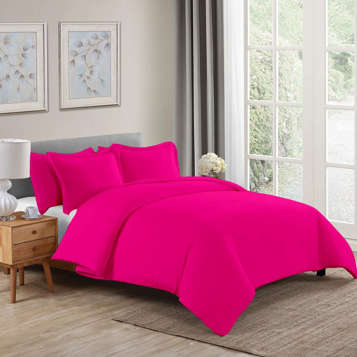 5 Pcs Plain Duvet Cover Set - Oversized King (116'' x 98'') Size Hot Pink Comforter/Quilt Cover 100% Egyptian Cotton 800 Thread Count with Zipper & Corner Ties (1 Duvet Cover & 4 Pillowshams)