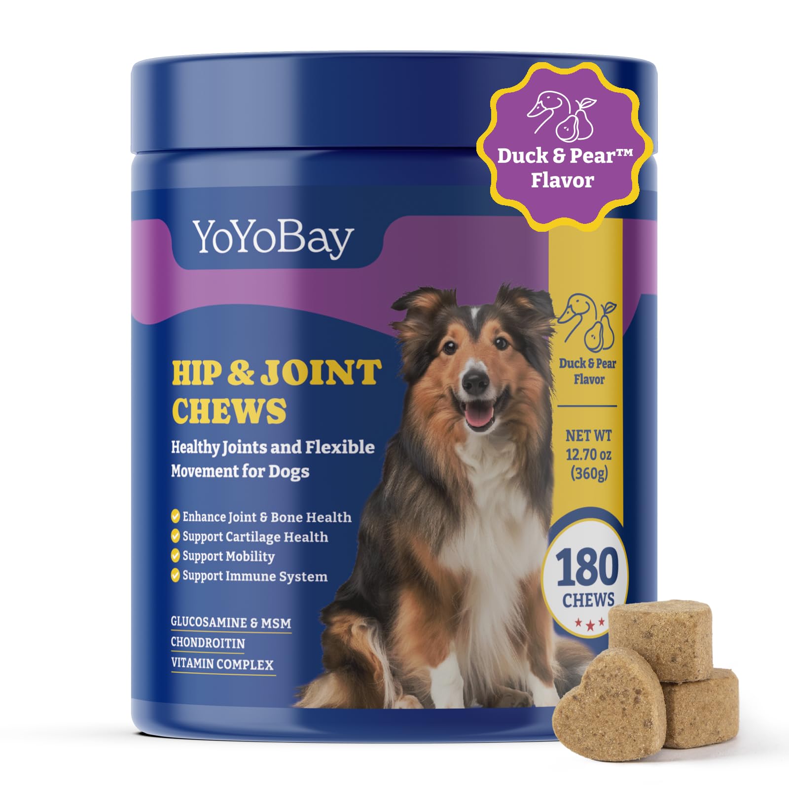 YoYoBay Joint Supplement for Dogs - Glucosamine for Dogs, with Chondroitin, MSM - Dog Pain Relief Anti-Inflammatory, Support Hip & Joint Health, Mobility - 180 Soft Chews, Duck & Pear Flavor