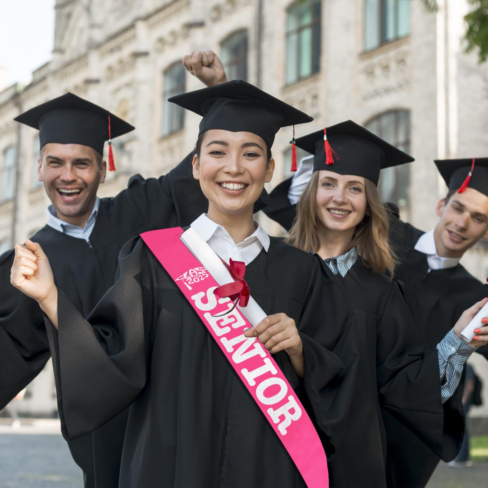 Class of 2025 Senior Sash, Hot Pink Satin Finally Graduated Sash with Silver Printing Letters Cheerleader Senior Sash for Class of 2025 Graduation Party Celebrations Supplies(Hot Pink+Silver)