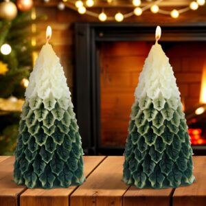 mtlee 2 pcs christmas tree shaped candles large christmas candles decor white green xmas wax scented candles 2.5x5.5in snow tree shaped candle for christmas holiday table decoration