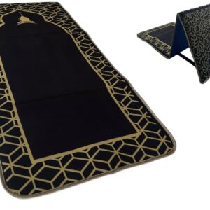 Back Support Prayer Mat Muslim Rug Islamic - Padded Prayer Rug Sajadah for Men Women for Eid Travel Ramadan, Masjid, Soft and Luxury (Black)