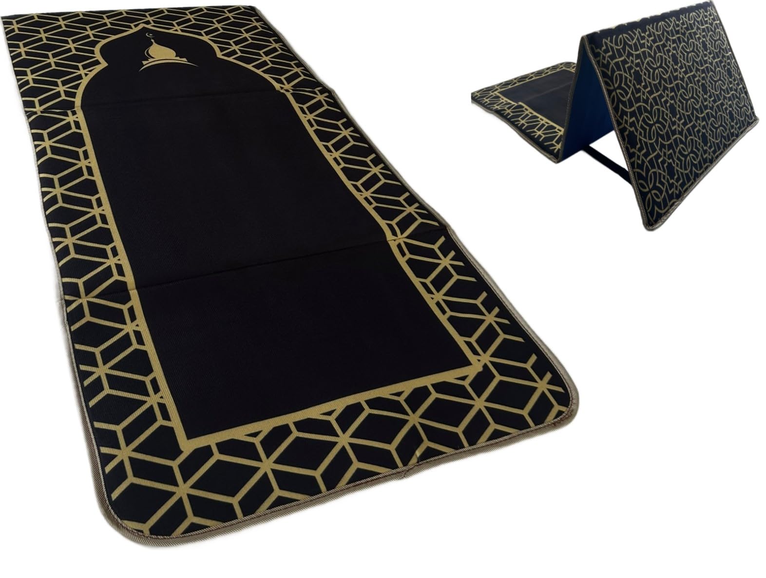 Back Support Prayer Mat Muslim Rug Islamic - Padded Prayer Rug Sajadah for Men Women for Eid Travel Ramadan, Masjid, Soft and Luxury (Black)