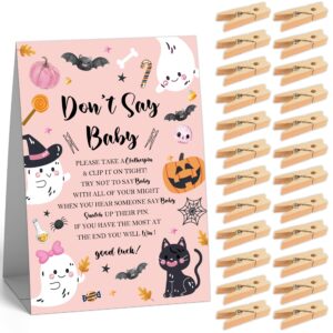 don't say baby clothespin games sign (1 sign + 50 mini clothespins), halloween ghost pumpkin gender neutral gender reveal baby shower prizes game, halloween baby shower party decorations-sg01