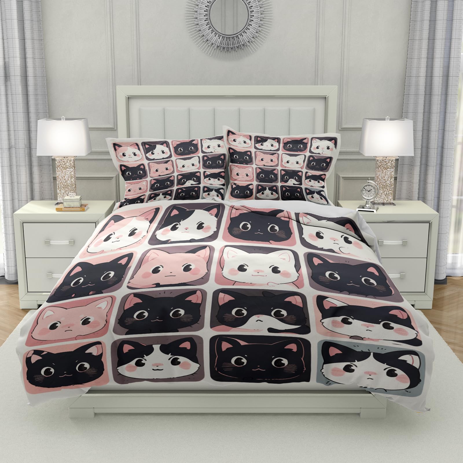 Lokaluo Cat Duvet Cover Twin Size 3D Printed Fat Cats Twin Duvet Cover Set White Pink Kitten Pattern Animal Theme Cat Lovers Bedding Set Room Decor 3 Pcs Comforter Cover with 2 Pillowcases