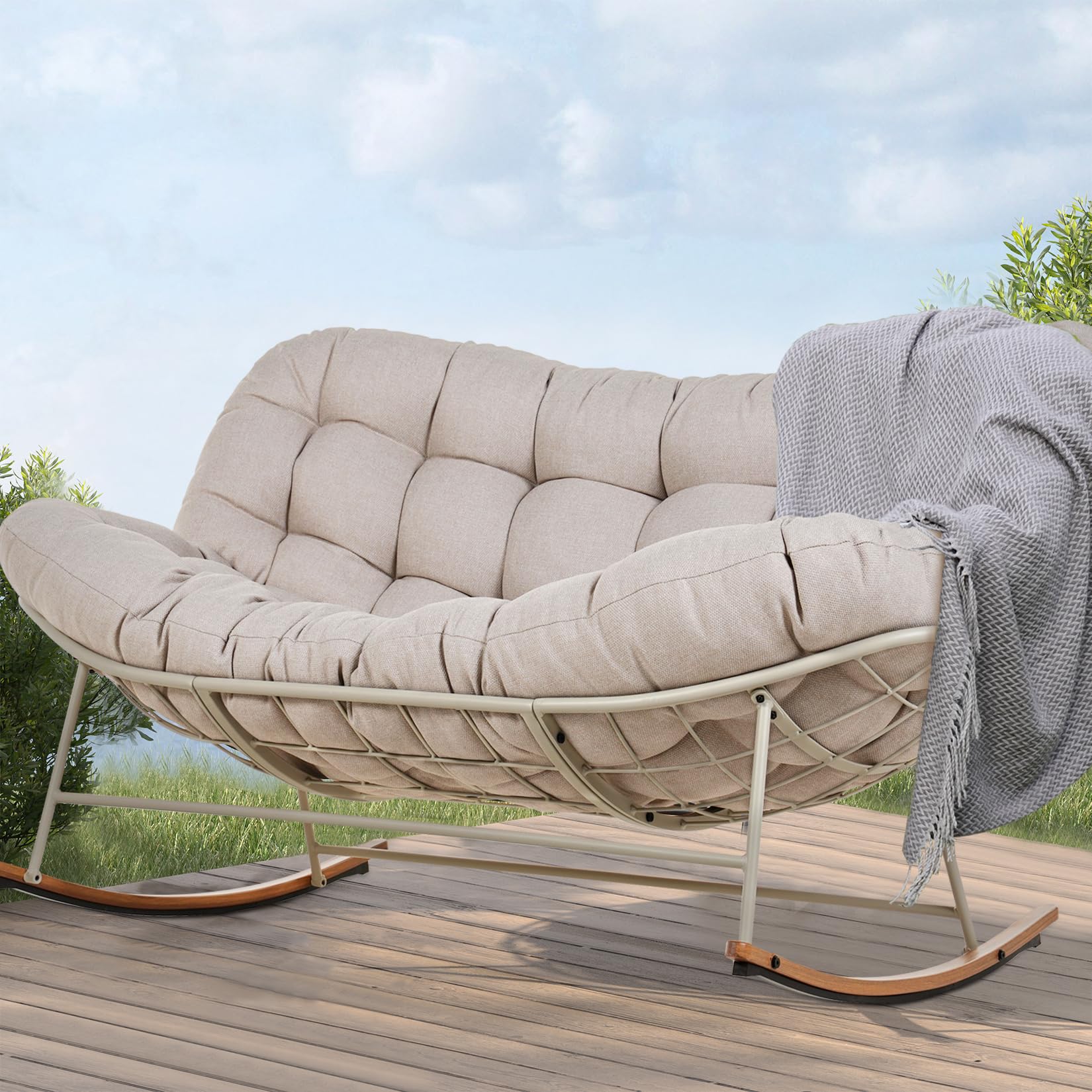 Grand patio Rocking Chair Outdoor, Oversized Rocking Chair for 2 with E-Coated Steel Frame and Thick Cushion, Comfy Papasan Rocking Chair for Patio Porch Deck Indoor