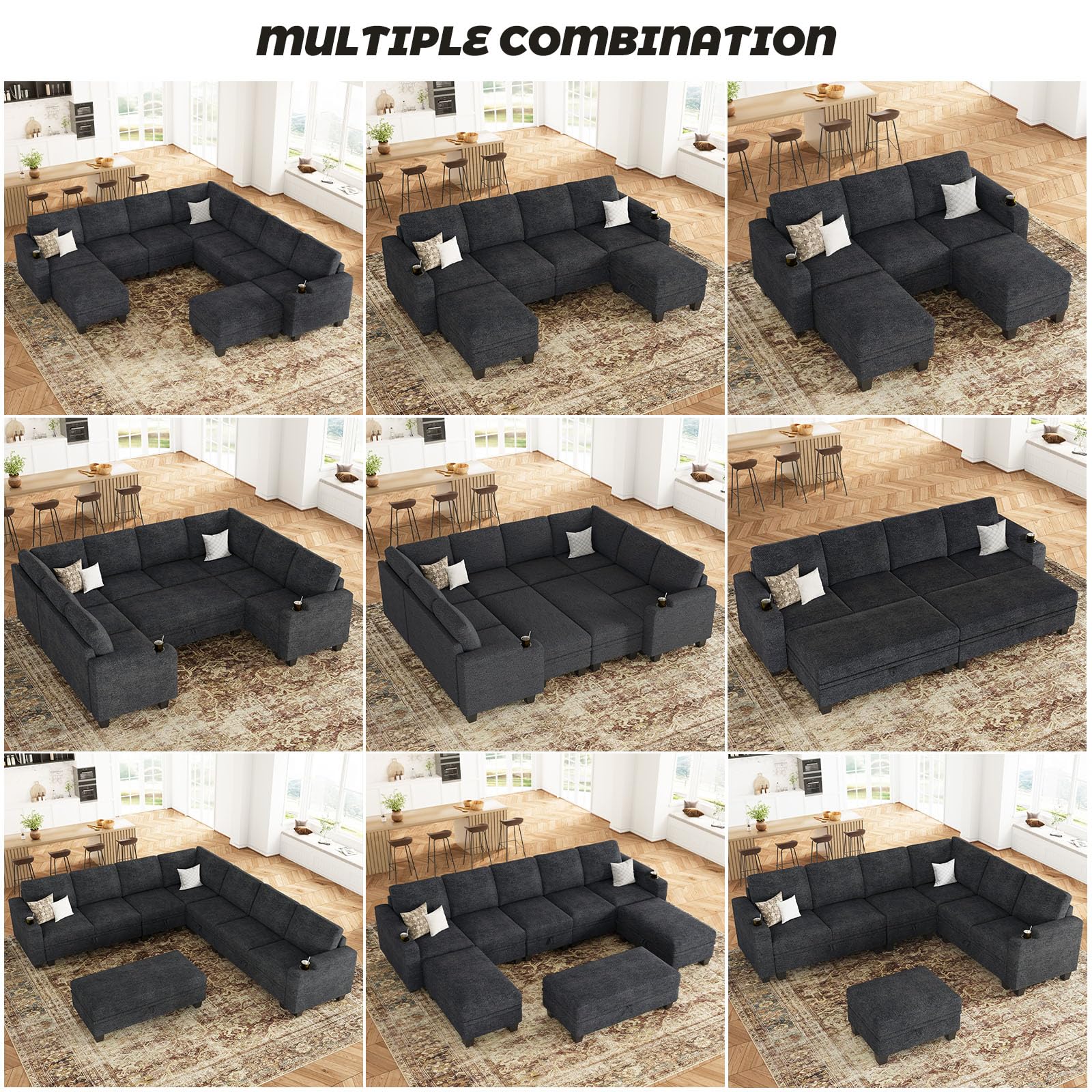 Belffin Modular Sectional Sofa with Storage, L Shaped Sectional Couch with Chaise. Convertible Corner Sectional Couch for Living Room. Dark Gray Couch.