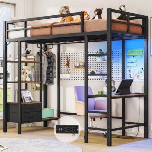 hasuit loft bed twin size with desk and charging station metal twin loft bed with led lights, 4 storage shelves and 2 fabric drawers, twin size loft bed with safety guard, clothes rail & ladder, black