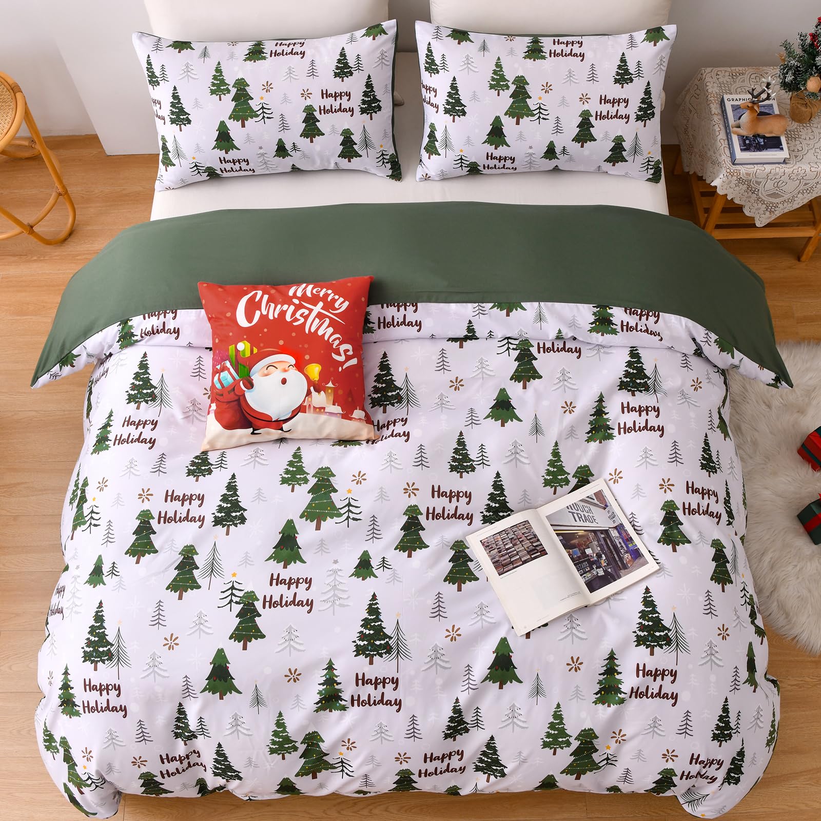 Luxudecor Christmas Duvet Cover Set Queen Size 3 Pieces, Green Christmas Tree Pattern, Soft Microfiber Duvet Cover, Reversible Bedding Set Xmas Holiday Decor(Not Comforter)