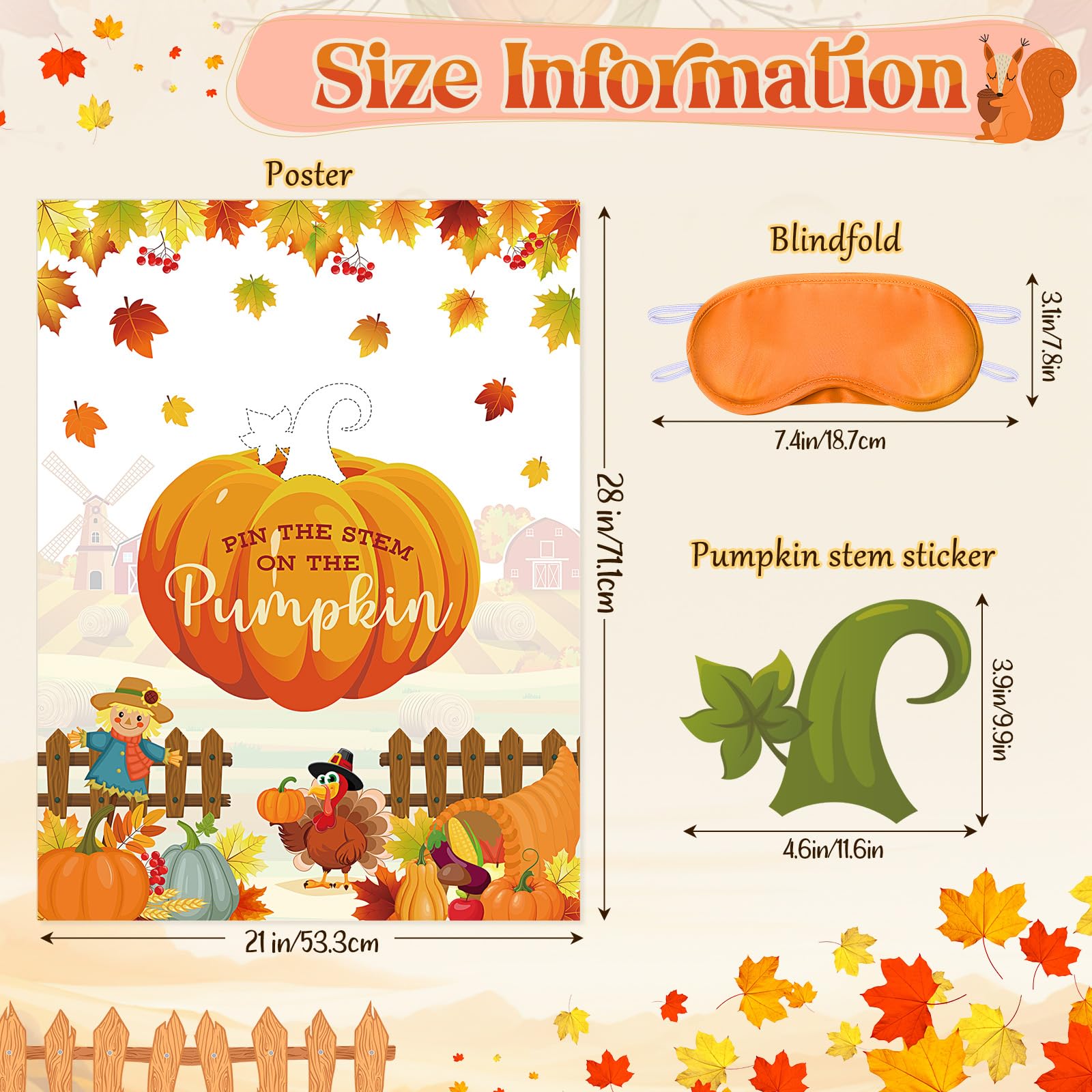 Faccito Thanksgiving Party Games Pin The Stem on The Pumpkin with Blindfold Thanksgiving Gift and Activities Fall Autumn Harvest Pumpkin Pin Game Turkey Poster Thanksgiving Party Supplies