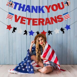 Glitter Veterans Day Decorations, NO-DIY Thank You Veterans Banner Garland, Happy Veterans Day Banner, Veterans Day Banner for Indoor Outdoor Veterans Day Decor Party, Patriotic Decorations