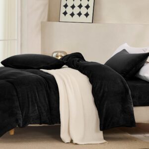 JELLYMONI Black Velvet Duvet Cover Queen Size - Ultra Soft Flannel Comforter Cover, 3-Piece Luxury Fluffly Duvet Cover with 8 Corner Ties & Zipper Closure