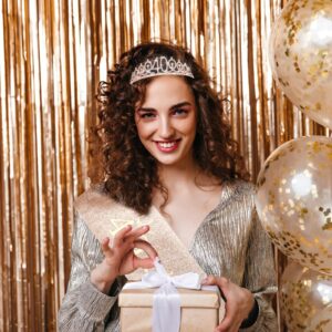 40th Birthday Decorations for Women, 40th Birthday Gifts for Women Including 40th Birthday Crown/Tiara＋40th Birthday Sash for Women＋Pearl Pin, 40th Rhinestone Crown Kit (Rose Gold)