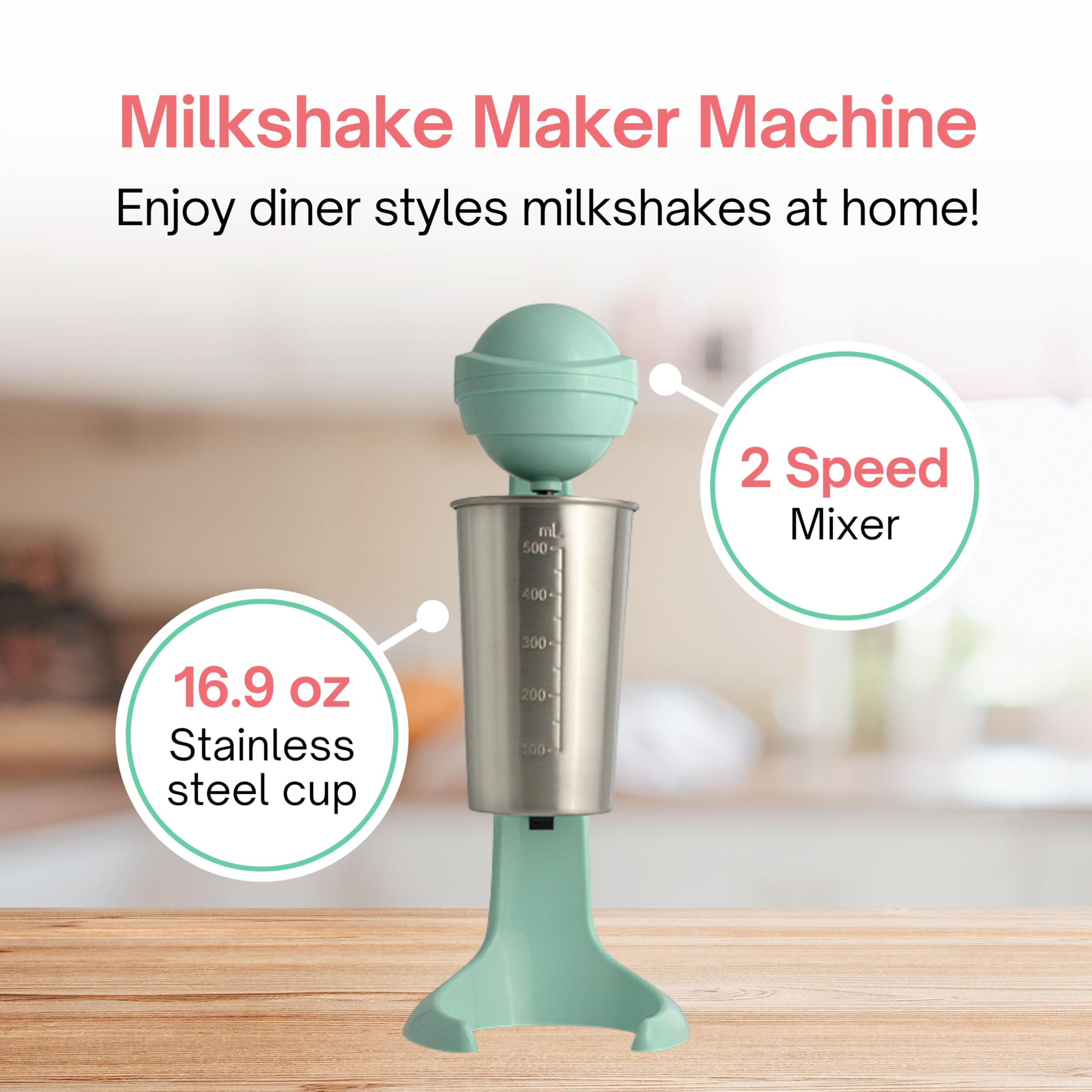 Milkshake Maker Machine – Electric Milkshake blender & Milk Frother – Restaurant Quality Smoothie Maker – Easy Clean Milkshake Mixer - 2 Speed Drink Blender with 16.9 oz. Stainless Steel Blender Cup