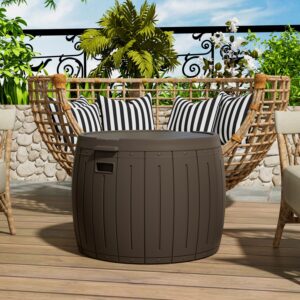 Mrosaa Deck Box Storage Box, Round Patio Table, Waterproof Outdoor Storage Box for Towels, Patio Furniture, Pool Tools, Outdoor Uses, Sports Equipment, Waterproof/UV Resistant, 27 Gallons Brown