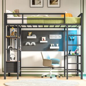 Hasuit Loft Bed Twin Size with Desk and Charging Station Metal Twin Loft Bed with LED Lights, 4 Storage Shelves and 2 Fabric Drawers, Twin Size Loft Bed with Safety Guard, Clothes Rail & Ladder, Black