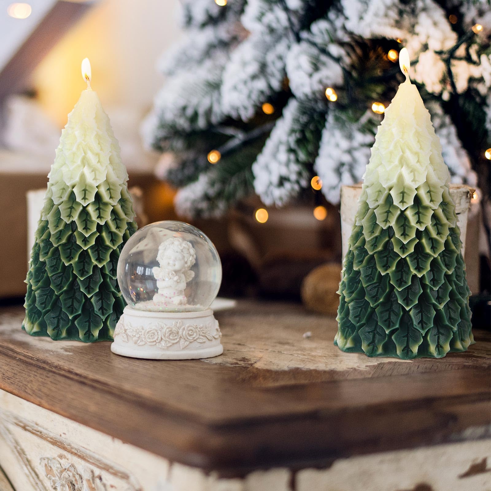 MTLEE 2 Pcs Christmas Tree Shaped Candles Large Christmas Candles Decor White Green Xmas Wax Scented Candles 2.5x5.5in Snow Tree Shaped Candle for Christmas Holiday Table Decoration