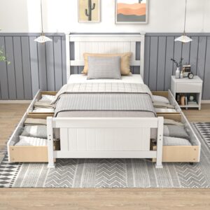 vingli twin size bed frame with 4 drawers on wheels and headboard, twin wood platform bed with storage underneath, mattress foundation with wooden slats support, no box spring needed, white