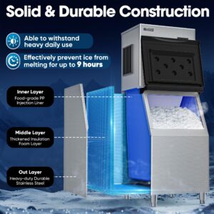 Coolski Commercial Ice Maker Machine 550LBS/Day, 22’’ Wide Industrial Ice Machine with Large Storage Bin, Ice Ready in 5-15 min, Ice Maker for Restaurant/Bars, Stainless Steel/ETL Approved