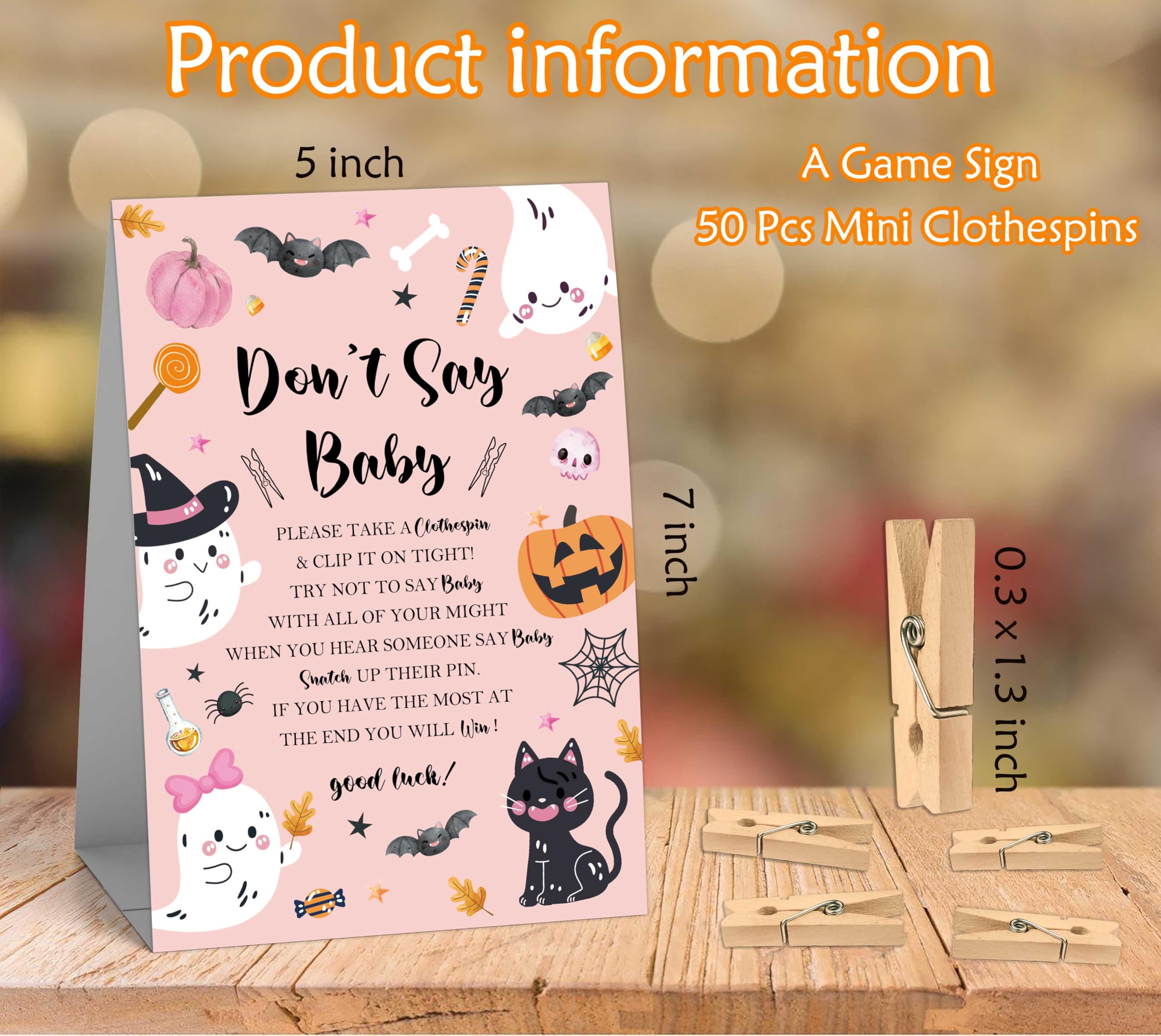 Don't Say Baby Clothespin Games Sign (1 Sign + 50 Mini Clothespins), Halloween Ghost Pumpkin Gender Neutral Gender Reveal Baby Shower Prizes Game, Halloween Baby Shower Party Decorations-SG01